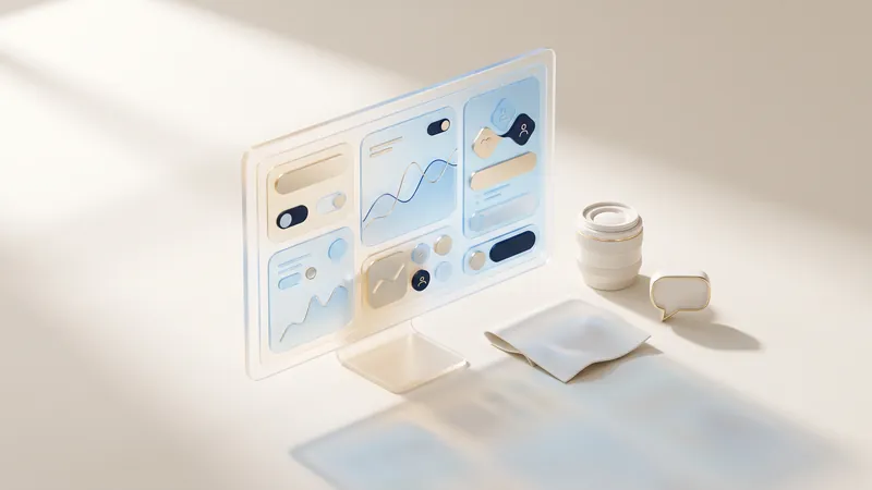 Concept illustration of a glass monitor with abstract panels beside a ceramic camera lens, a cloth and a speech bubble.