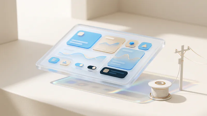Concept illustration of a ceramic cable reel and a utility pole beside a frosted-glass tablet with abstract charts.
