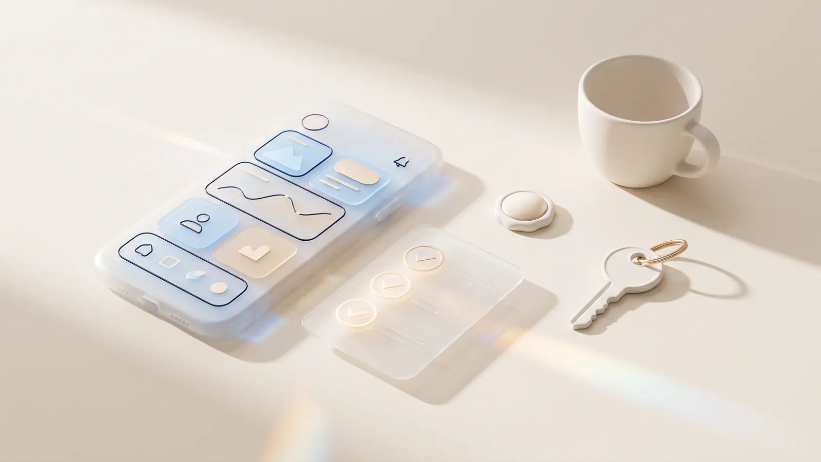 Concept illustration of a glass phone and checklist card beside a ceramic key with a gold ring, a badge and a cup.