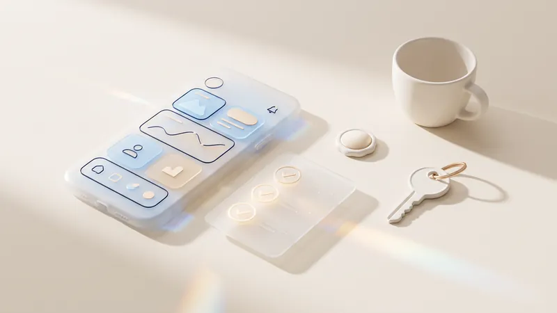 Concept illustration of a glass phone and checklist card beside a ceramic key with a gold ring, a badge and a cup.