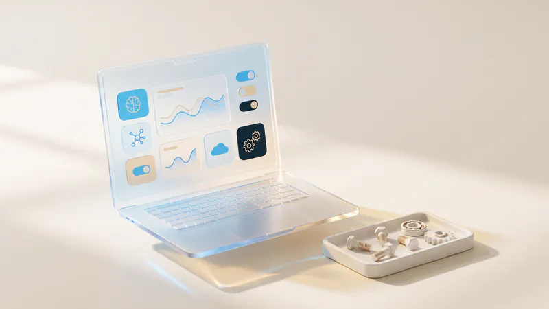 Concept illustration of a ceramic tray of bolts, bearing and gear beside a frosted-glass laptop with abstract icons.