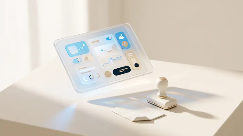 Concept illustration of a ceramic rubber stamp and a blank sheet beside a frosted-glass tablet with abstract charts.