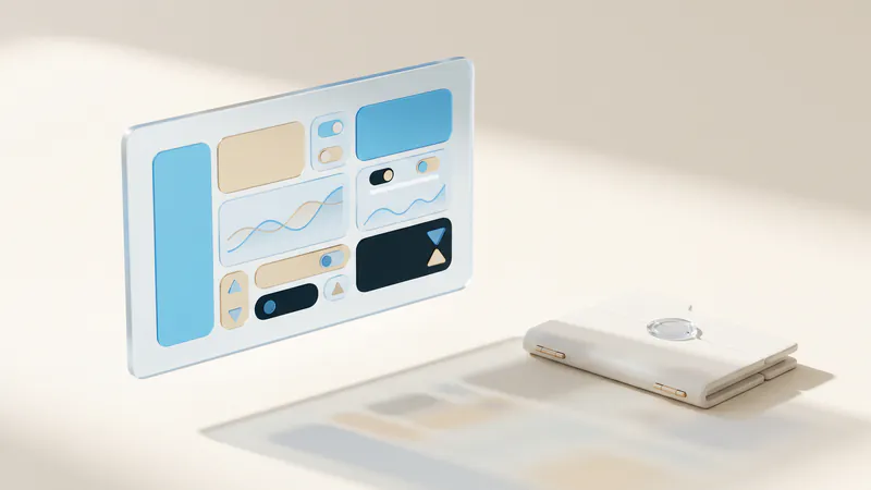 Concept illustration of a ceramic folder topped with a glass seal beside a floating glass screen of abstract tiles.