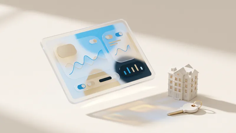 Concept illustration of a floating glass tablet with abstract panels beside a ceramic apartment building and key.