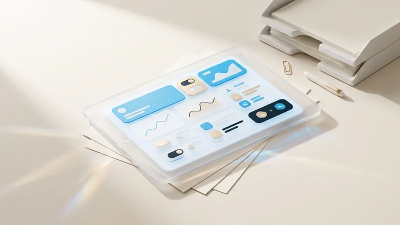 Concept illustration of a glass tablet on blank sheets beside ceramic document trays, a gold paper clip and a pen.