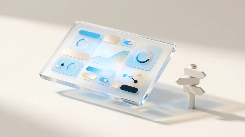 Concept illustration of a ceramic signpost with three blank arrows beside a thick glass panel with abstract gauges.