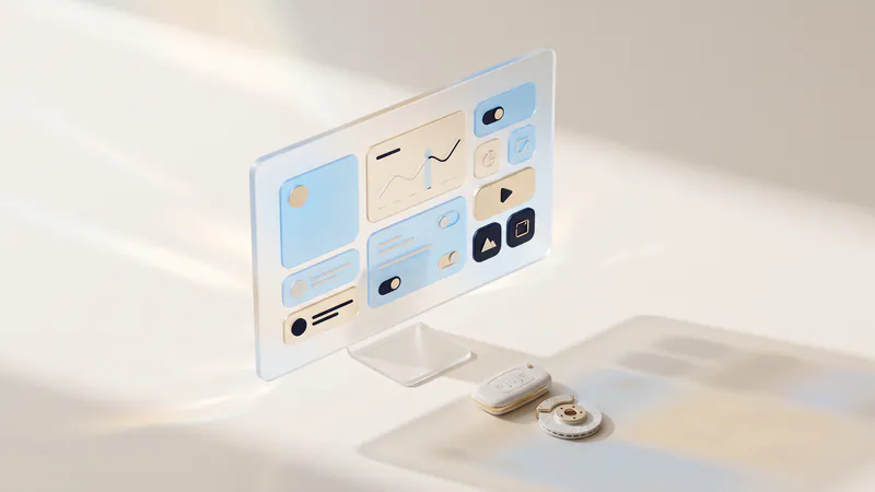 Concept illustration of a ceramic car key fob and a brake disc beside a frosted-glass monitor with abstract tiles.