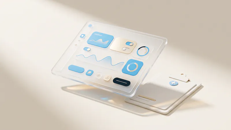 Concept illustration of a ceramic clipboard with a blue cross beside a frosted-glass tablet with abstract charts.