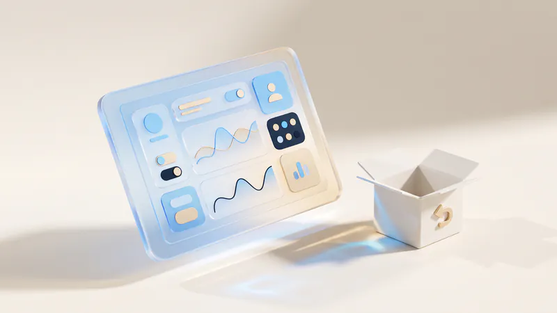 Concept illustration of an open ceramic box with a gold return arrow beside a glass tablet with abstract charts.