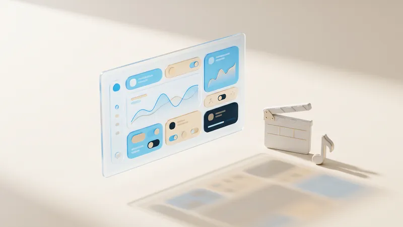 Concept illustration of a glass screen with abstract media panels beside a ceramic film clapperboard and music note.