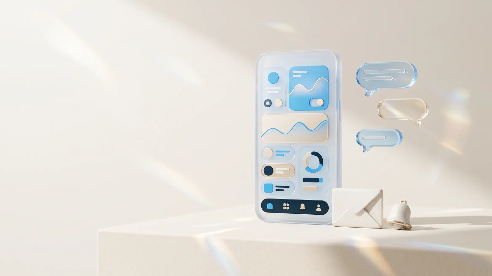 Concept illustration of a glass phone with abstract panels beside glass message bubbles, a ceramic envelope and bell.