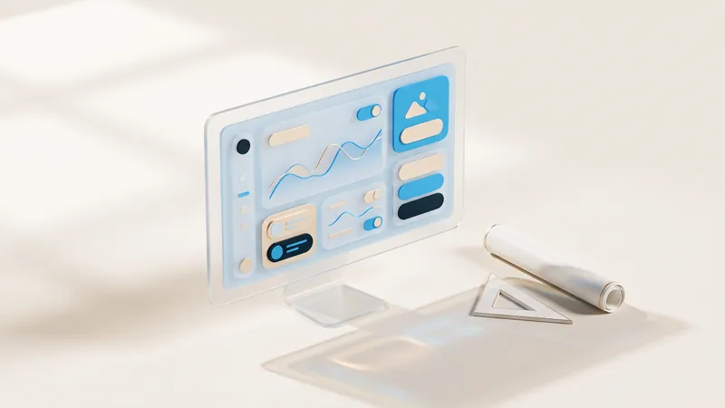 Concept illustration of a glass monitor with abstract drawing panels beside a rolled ceramic plan and set square.