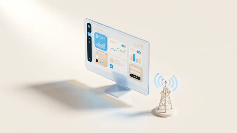 Concept illustration of a ceramic telecom tower with blue signal arcs beside a glass monitor with abstract charts.