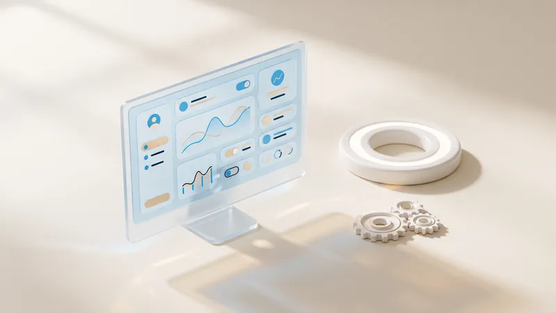 Concept illustration of a glass monitor with abstract charts beside a ceramic ring and three small ceramic gears.