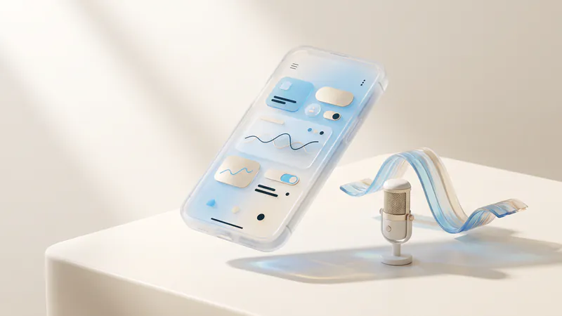 Concept illustration of a ceramic microphone and a glass sound wave beside a frosted-glass phone with abstract waves.