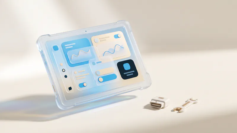 Concept illustration of a ceramic diagnostic plug and a spanner beside a rugged glass tablet with abstract charts.